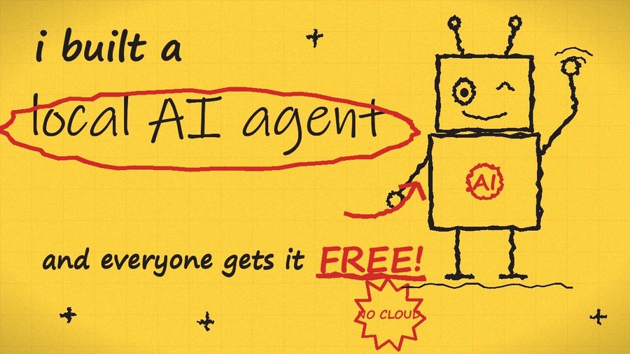Miniatura wideo: odręcznie narysowany robot obok napisu „i built a local AI agent and everyone gets it FREE”